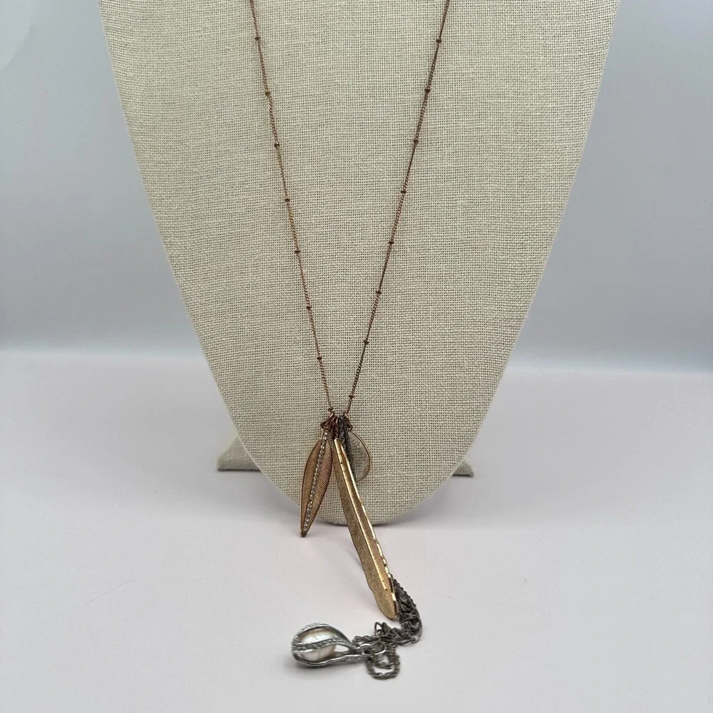 Vintage Y2K Feather Charm Rhinestone Faux Pearl Pendent Necklace Fashion Jewelry